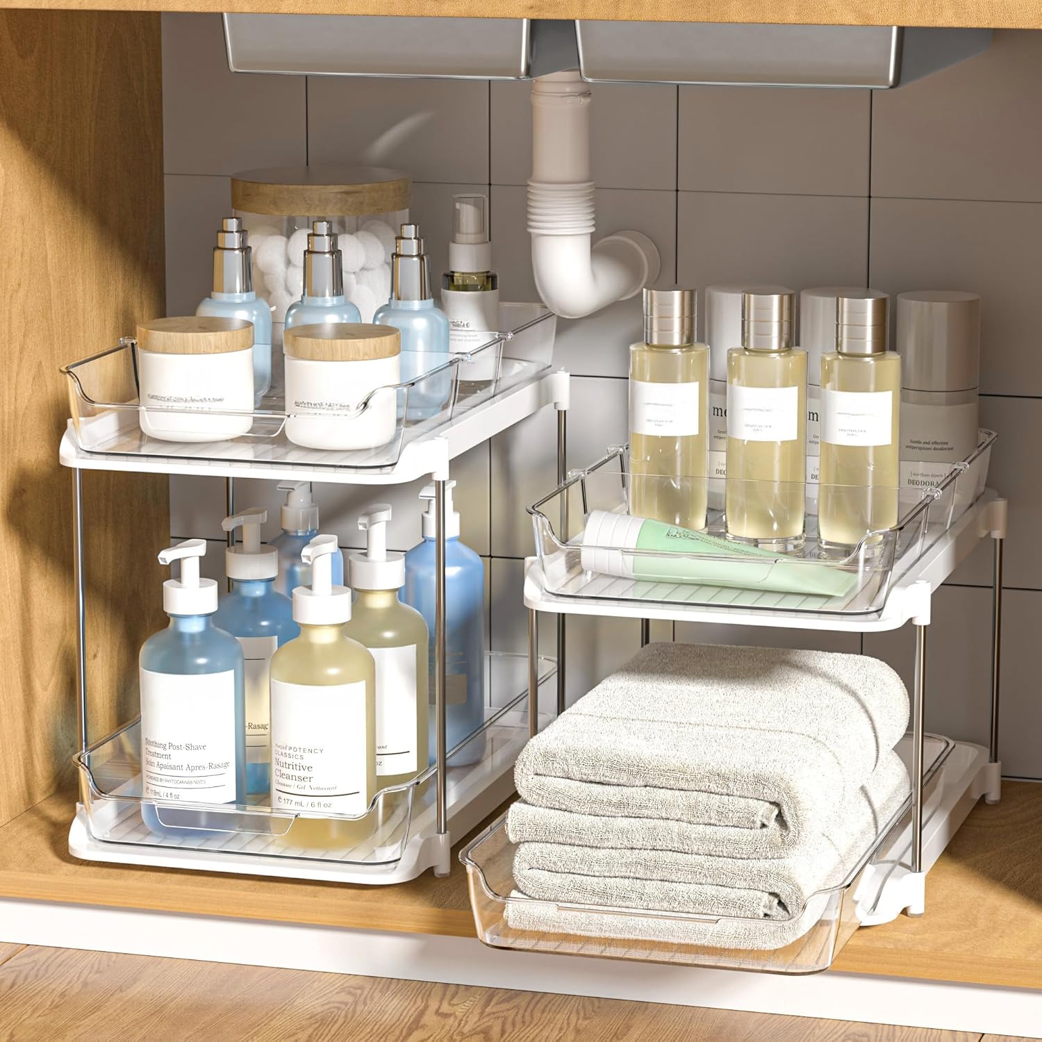 2 Tier Under Sink Organizer 2 Pack – Pull Out Bathroom & Kitchen Storage with Dividers