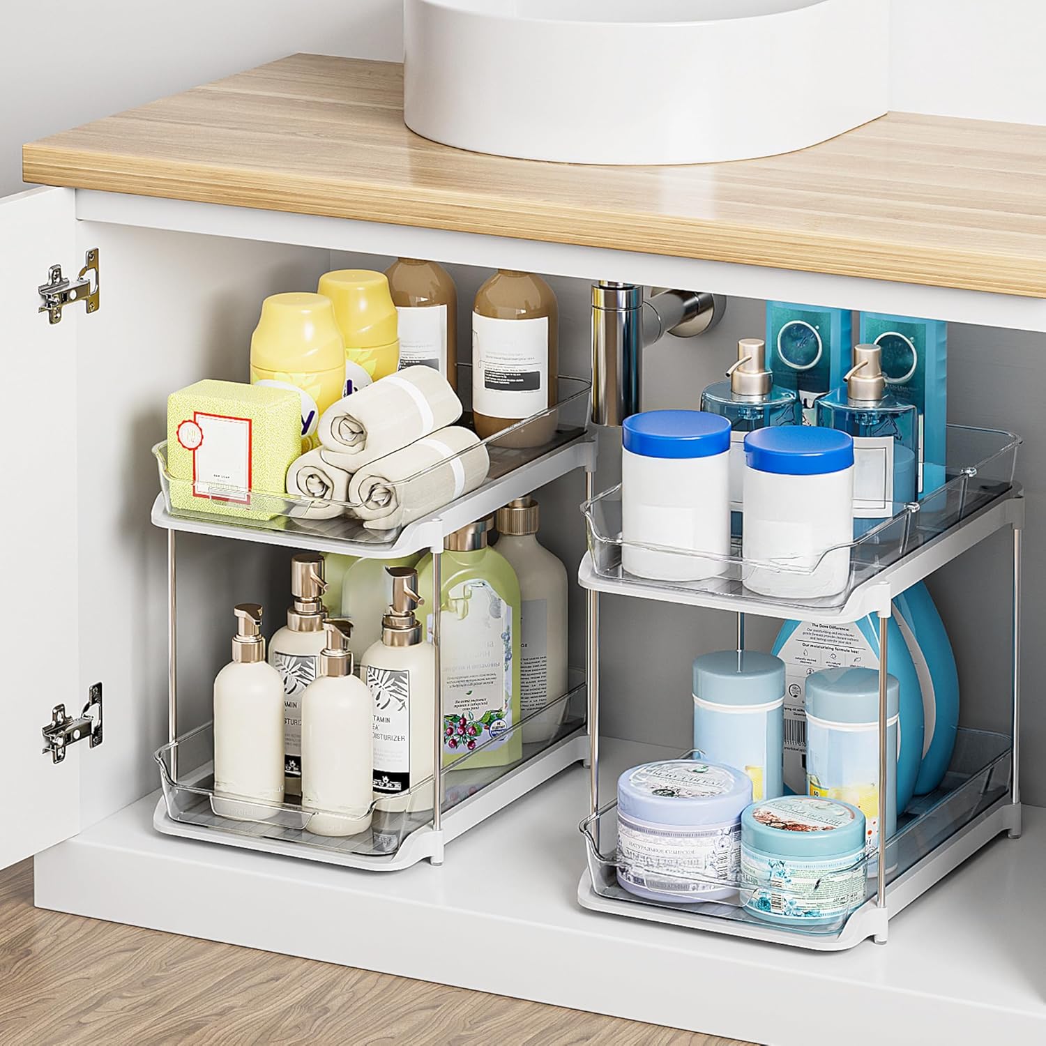 2 Tier Under Sink Organizer 2 Pack – Pull Out Bathroom & Kitchen Storage with Dividers